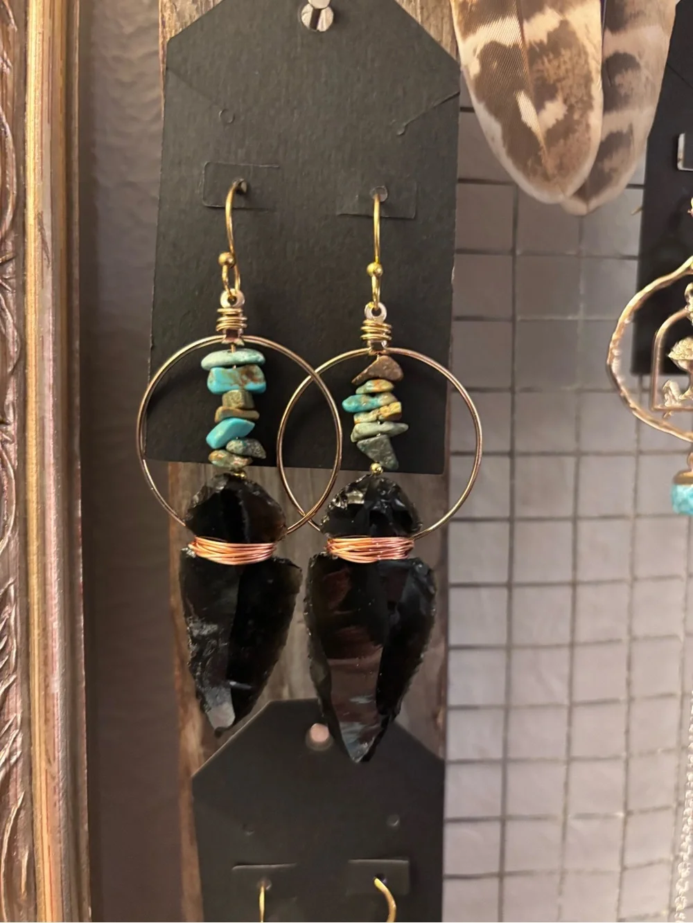 Boho Arrowhead Hoop Earrings with Turquoise Chips - Gold Tone